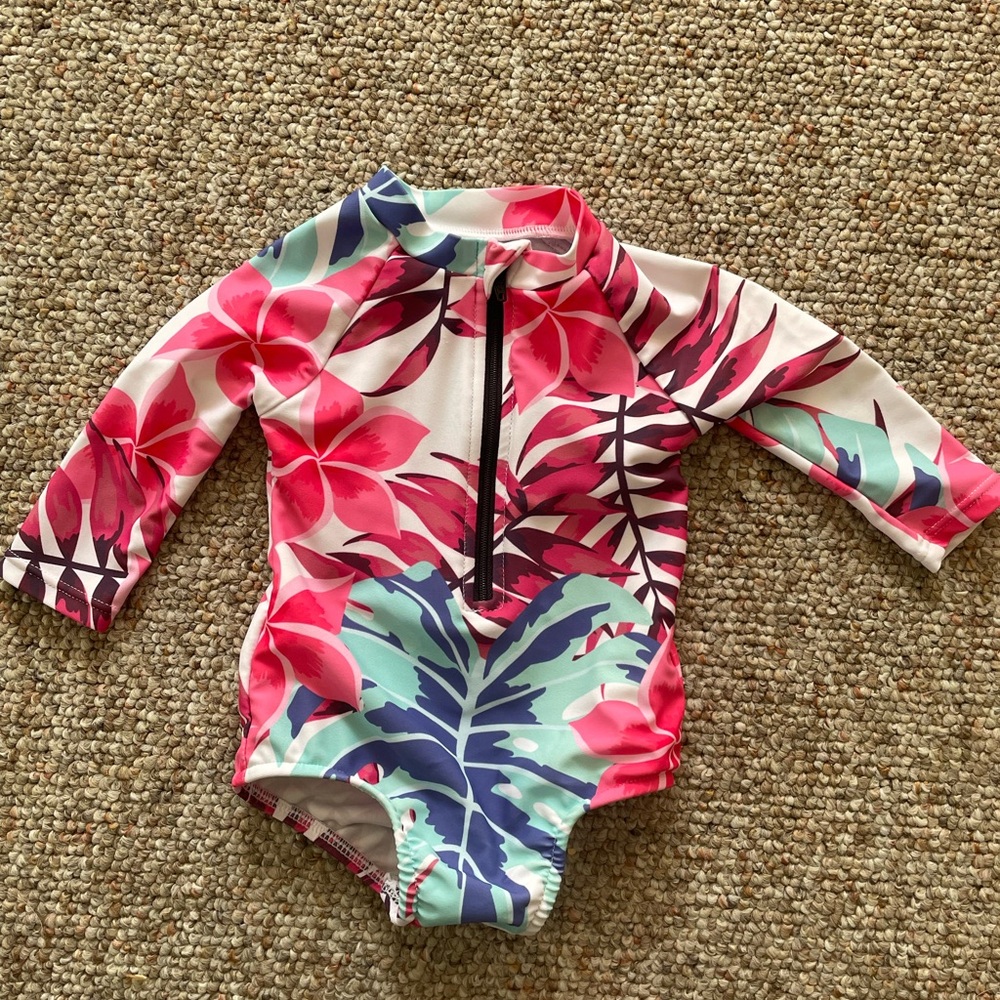 SHEIN Pink and Blue Rashguard Swimwear with Tropical Floral Design